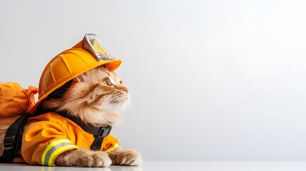 Whimsical portrait of a brave rescue cat in firefighter gear