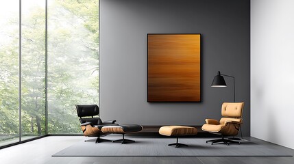 A modern living room with stylish furniture, minimalistic decor, large windows letting in natural light, and a contemporary art piece on the wall, Ultra-Realistic, Photo Realistic, highly detailed, 