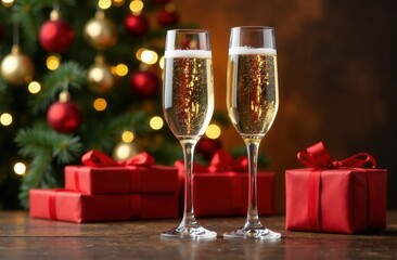 Two glasses of champagne sit on a table by a Christmas tree