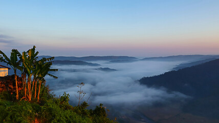 Cloud-covered mountains at Nongjrong Village, a tourist destination in East Khasi Hills, Meghalaya, India.