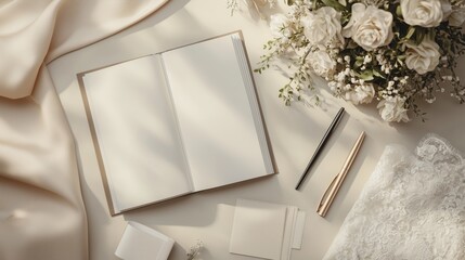 Elegant Workspace with Blank Notebook and Flowers