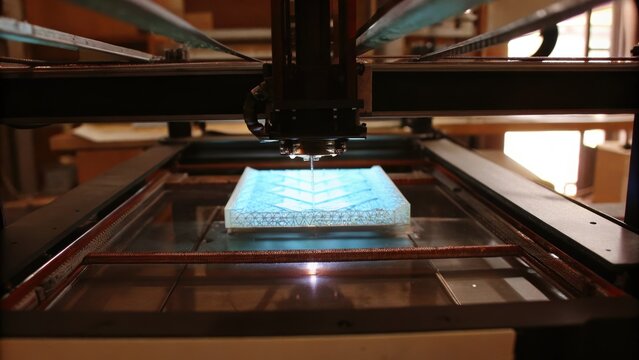 An industrial 3D printer producing components using a smart adhesive that cures under UV light with a focus on the layers forming an intricate design in a spacious workstation.