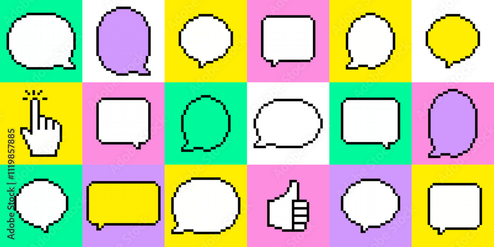 Poster retro speech ballon seamless pattern in pixel art. y2k trendy poster. bright pixelated shape for cha