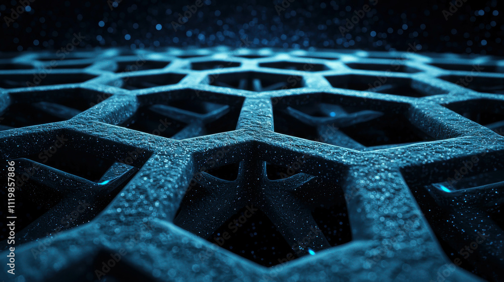 Poster close-up of abstract honeycomb pattern with blue light and starry background