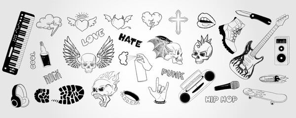 Doodle rock tattoo. Y2K cute shapes. Love heart with fire flame or wings. 90s fashion sticker. Graffiti grunge music punk. Gothic skeleton. Skateboard and rocker guitar. Vector scribble elements set © Natalia