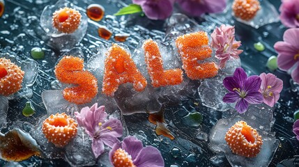 Colorful seafood sale display with edible decorations on ice