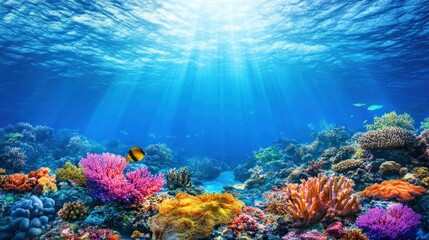 Naklejka premium Vibrant coral reef teeming with diverse marine life, sunbeams illuminating the underwater scene.