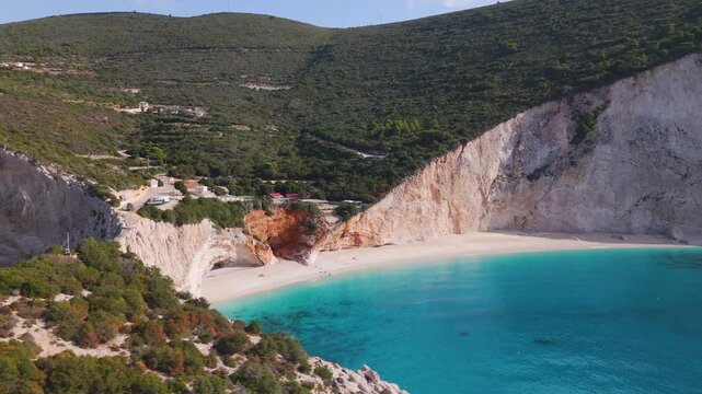 Aerial drone view of the beautiful beach Porto Katsiki on the island of Lefkada in Greece.