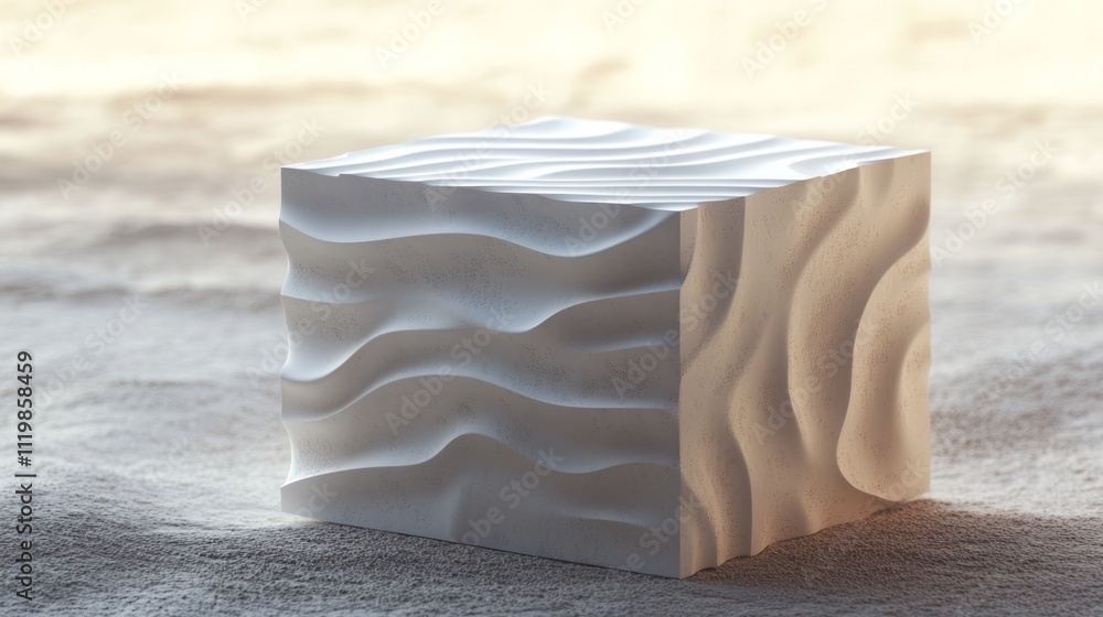 Poster white cube with wavy texture on sandy surface.