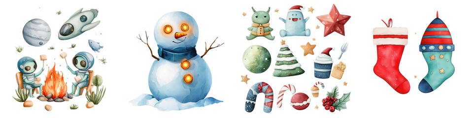 Obraz premium Christmas Alien cartoon. Set of Festive collection of Christmas-themed illustrations including snowman, stockings, and ornaments.