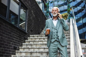 City, phone call and smile, mature businessman or lawyer outside law firm, successful legal advice discussion. Ceo, man or happy boss with coffee, 5g and smartphone, crm or networking conversation.