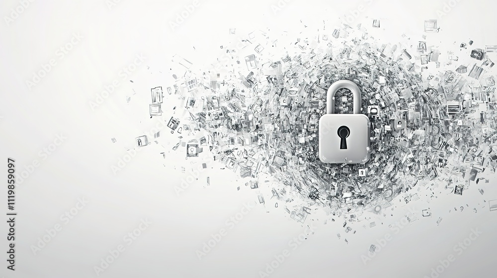 Poster abstract burst of digital symbols creating lock shape on seamless matte white background