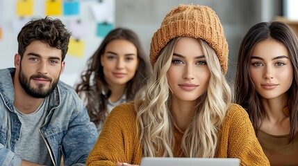A group of diverse students collaborating on a project, sitting around a table in a creative classroom setting, with laptops, papers, and colorful ideas pinned to the walls, Ultra-Realistic, 