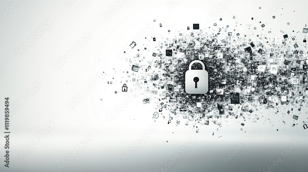 Aufkleber abstract burst of digital symbols creating lock shape on seamless matte white background
