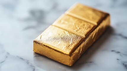 Gold-wrapped chocolate bar on marble.