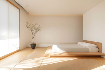 Fototapeta premium fusion interior design, a tranquil bedroom blending japanese minimalism with scandinavian warmth low-profile wooden pieces and natural textiles in perfect harmony