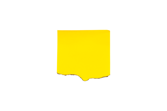 TTorn yellow note paper with burnt edges, isolated from a transparent background.