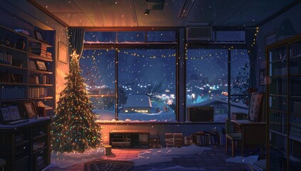 Cozy Christmas Eve scene. A beautifully decorated tree sits in a room overlooking a snowy town at night. Warm, inviting, magical.
