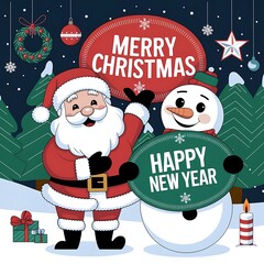 Merry Christmas and Happy New Year greeting card with Santa Claus and snowman. Vector illustration.