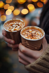 Close up photo of two delicious cups of hot chocolate. Couple drinking tasty beverage. Street stalls with Christmas decorations, lights, mulled wine, and Christmas delicacies and specialties. 