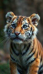 Naklejka premium Striking portrait of a young tiger captured in a lush jungle habitat during daylight