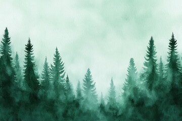 Fototapeta premium A misty forest scene with dark green coniferous trees silhouetted against a soft, foggy background.