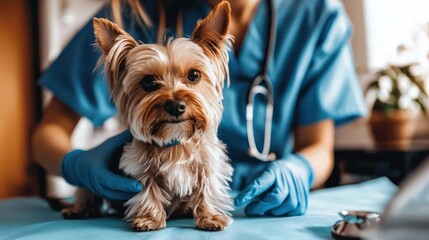 A veterinary professional examines a small dog in a clinic, highlighting the strong bond between pets and their caregivers.