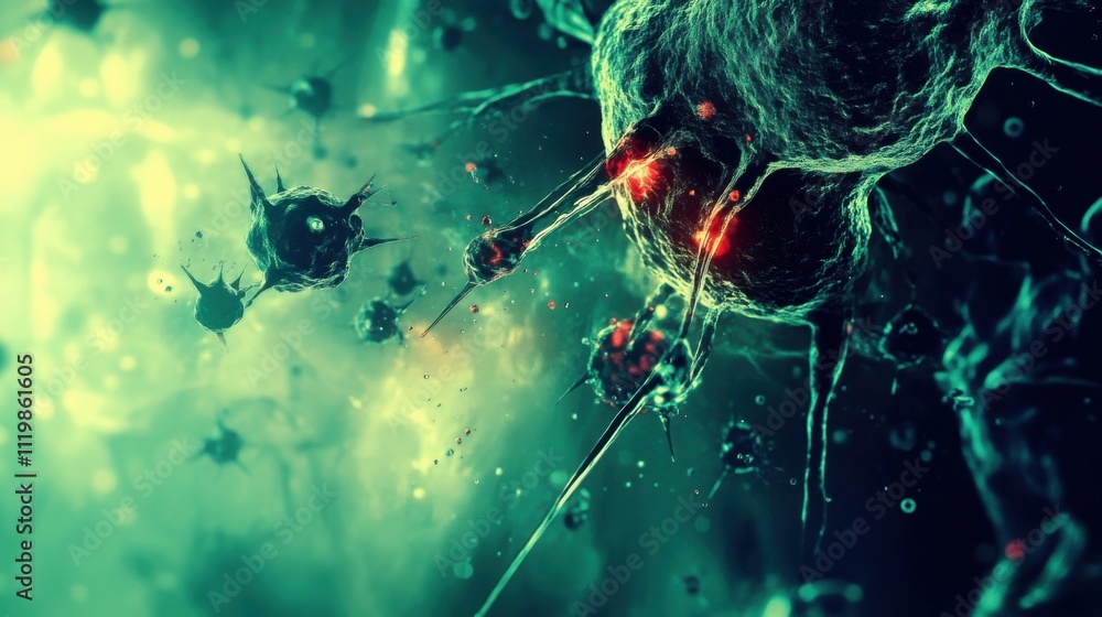 Poster abstract close-up of microorganisms in a digital environment with vivid colors and intricate details