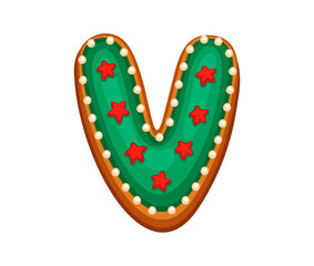 Festive gingerbread letter V decorated with green icing, red stars and white dots. Cartoon vector Christmas holiday typography font, xmas typeface, abc new year type, English pastry, biscuit alphabet