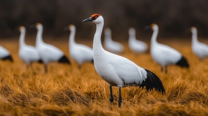Whooping crane standing out in a flock, in a dry field.