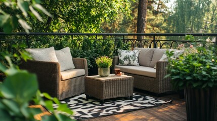 A cozy residential balcony featuring stylish sofas, a coffee table, chairs, and lush green plants, creating a perfect outdoor relaxation space