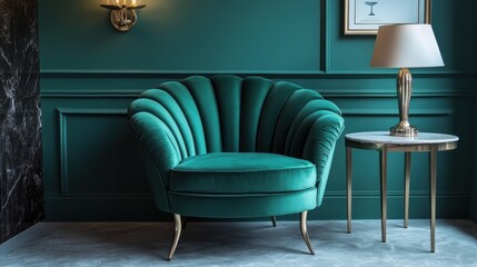 A luxurious green velvet armchair with gold legs in a stylish room with a white marble side table and a lamp.