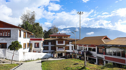 Scenic view of traditional monk quarters surrounding the Tawang Monastery, Tawang, Arunachal Pradesh, India.