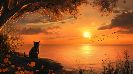 A cat gazes at a sunset over a tranquil sea, capturing a serene moment in nature. Twilight. Illustration