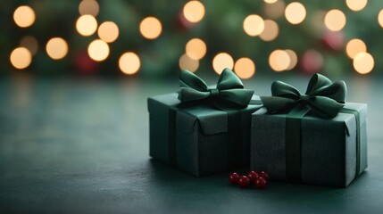 Two dark-green gifts with bows sit on a dark-green surface before a bokeh background of warm lights and greenery.
