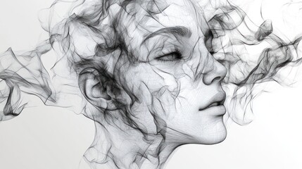 Fototapeta premium A black and white illustration of a woman's face with smoke-like wisps of hair.