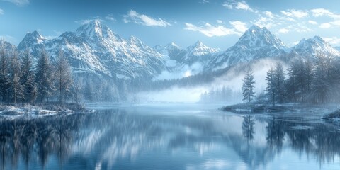 Fototapeta premium Serene Winter Wonderland Misty Mountains Glacial Lake Frosty Pines