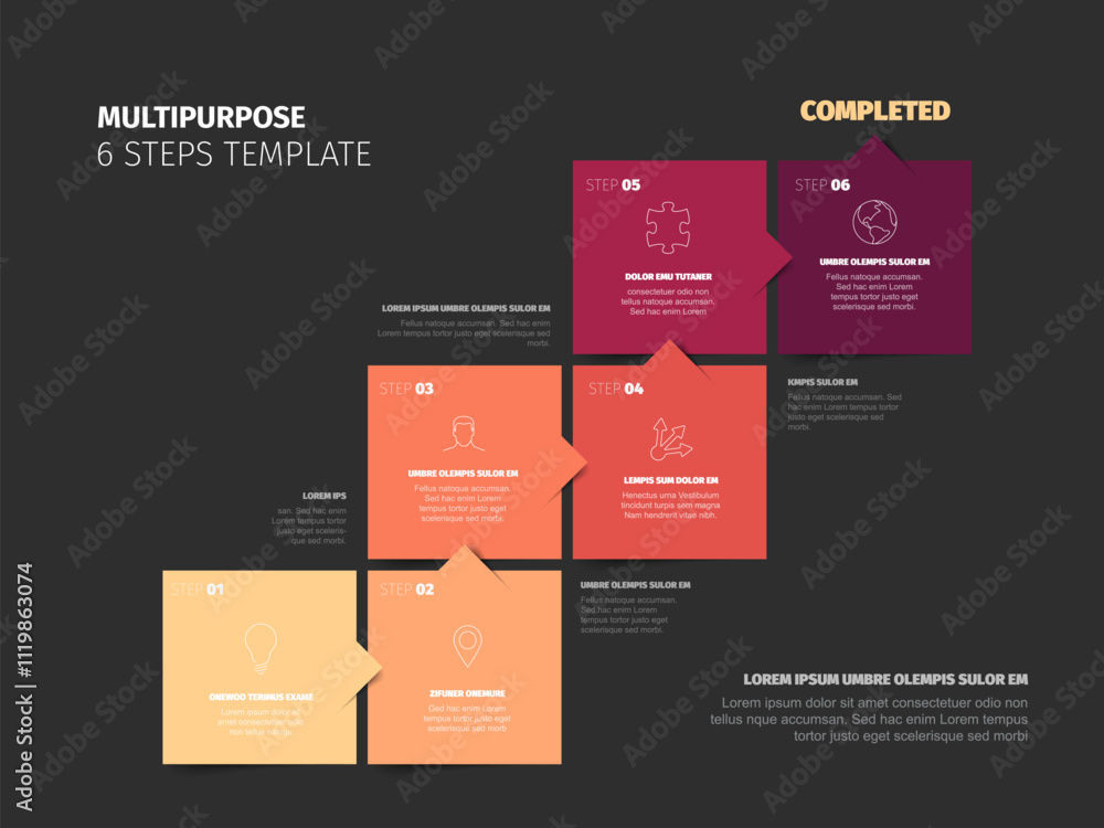 Poster multipurpose infographic with six blue square color block steps on dark gray background. simple info
