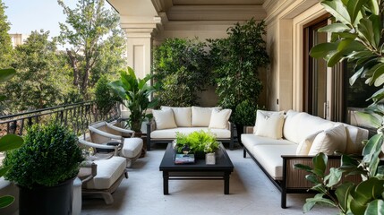 Obraz premium A serene residential balcony with elegant sofas, a sleek table, chairs, and a variety of green plants, providing a peaceful retreat