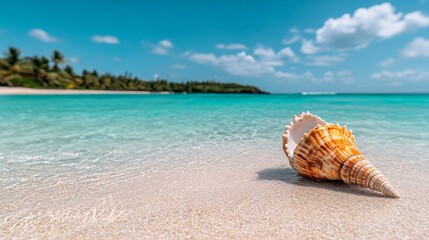 Seashell on pristine beach, turquoise water, tropical paradise.