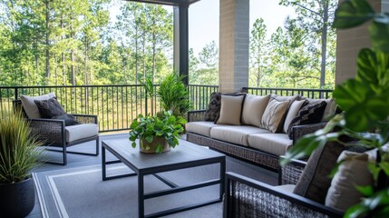 Fototapeta premium A spacious balcony with stylish sofas, a coffee table, chairs, and green plants, offering an ideal space for outdoor dining and relaxation