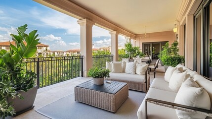 A spacious balcony with stylish sofas, a coffee table, chairs, and green plants, offering an ideal space for outdoor dining and relaxation