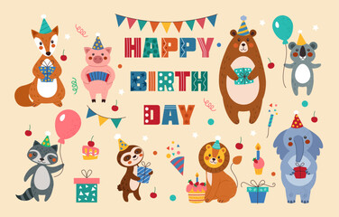 Fototapeta premium Birthday party. Happy cartoon animals. Cute bear and monkey. Festive gifts. Hats and balloons. Congratulation lettering poster. Holiday cake. Kids anniversary celebration. Vector tidy greeting card