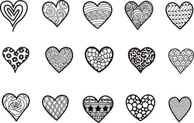 Set of different hearts with editable stroke thickness for design element for wedding or valentine card. Vector illustration.