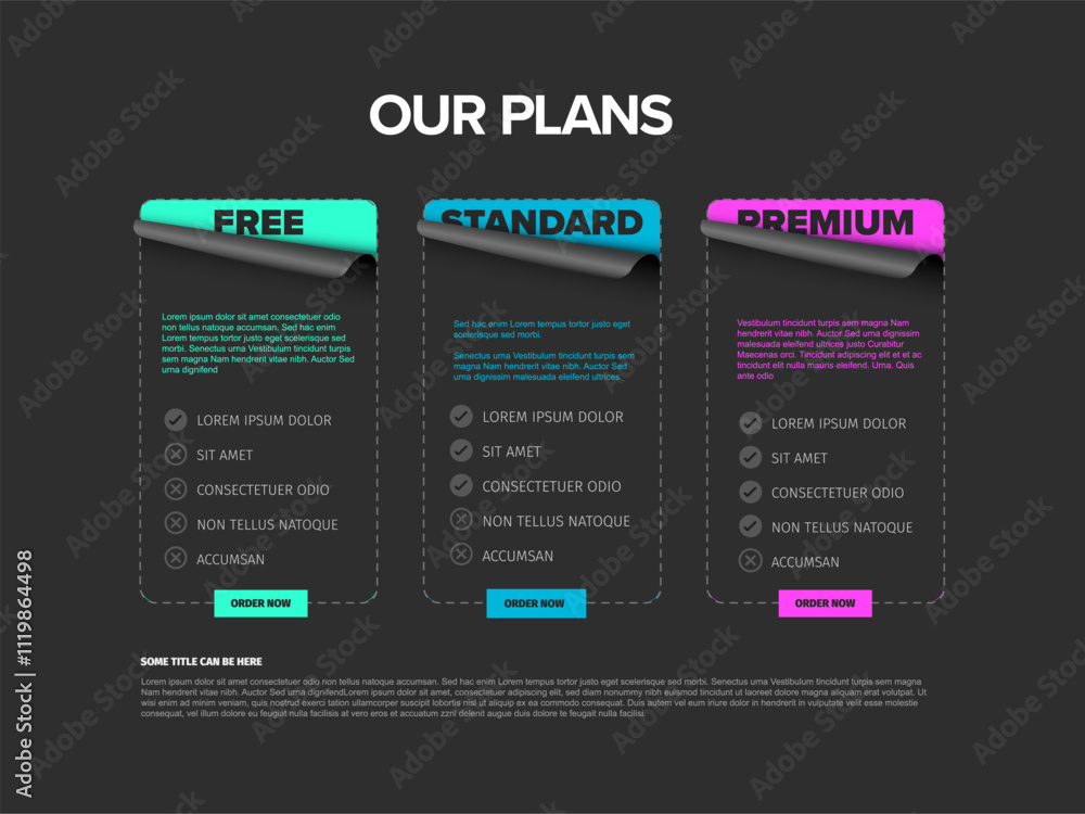 Poster dark product features schema template cards with three services, feature lists, order buttons and de