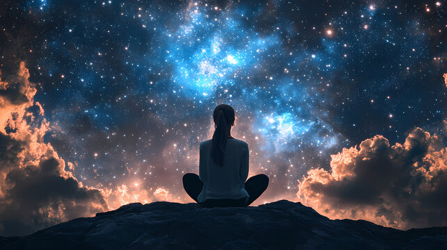 Anime girl sitting calmly beneath a twilight sky, with a dazzling tapestry of stars and the infinite cosmos creating a tranquil, celestial backdrop. Twilight. Illustration