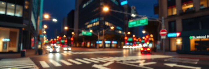 Busy urban intersection at night with traffic lights and illuminated buildings