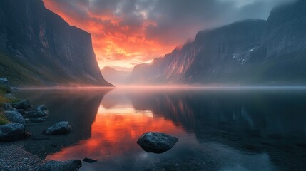 Fototapeta premium A serene mountain lake reflecting a vibrant red sunset, with mist rising from the water and a calm atmosphere.