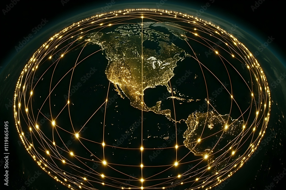 Poster Illuminated Earth globe with interconnected network.