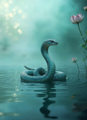 Fototapeta premium a snake is floating in the water with lotus flowers and bokeh lights effect on foggy background